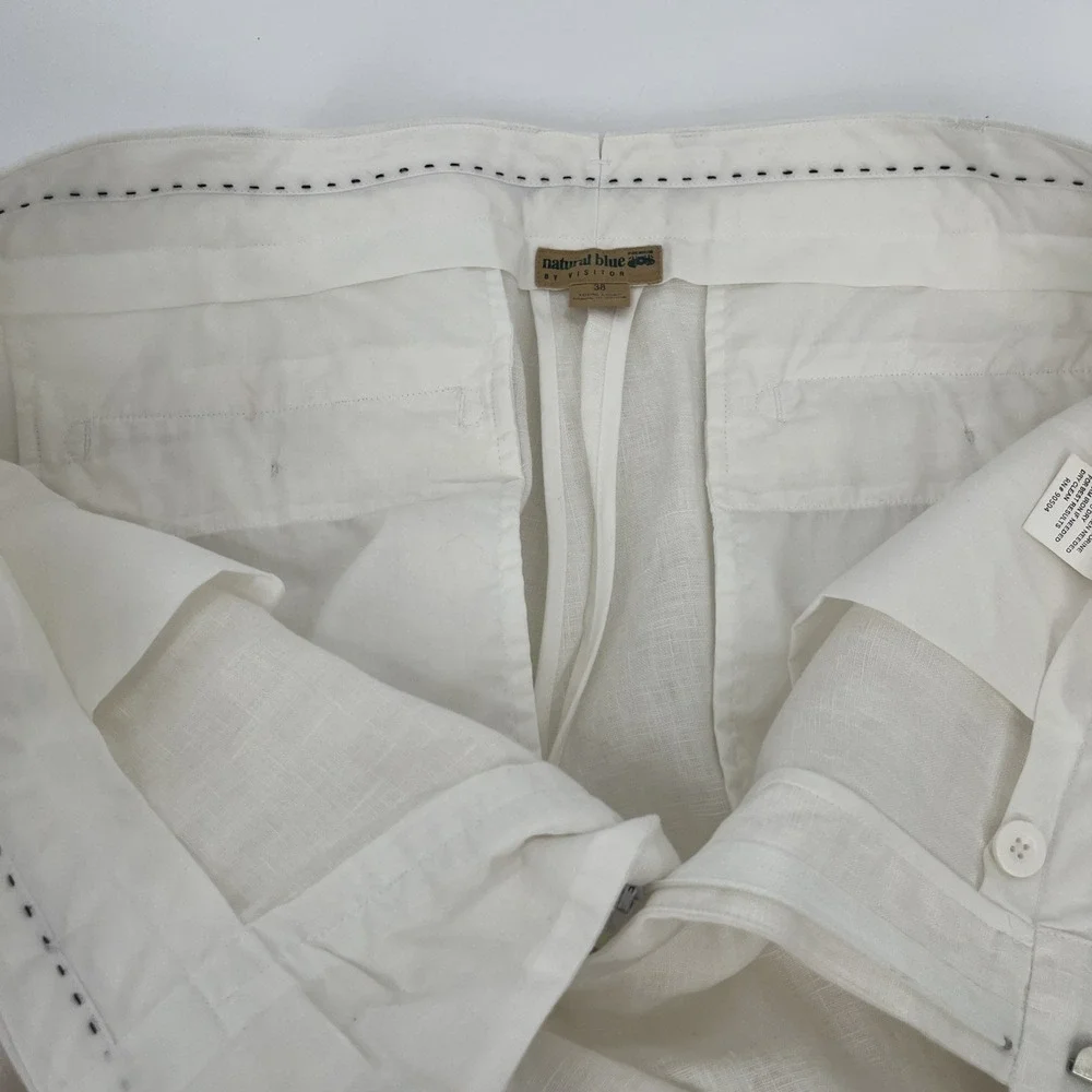 Mens Trouser Pant Linen Ivory Flat Front Sz 38 Black Stitch Detail Beach Wedding